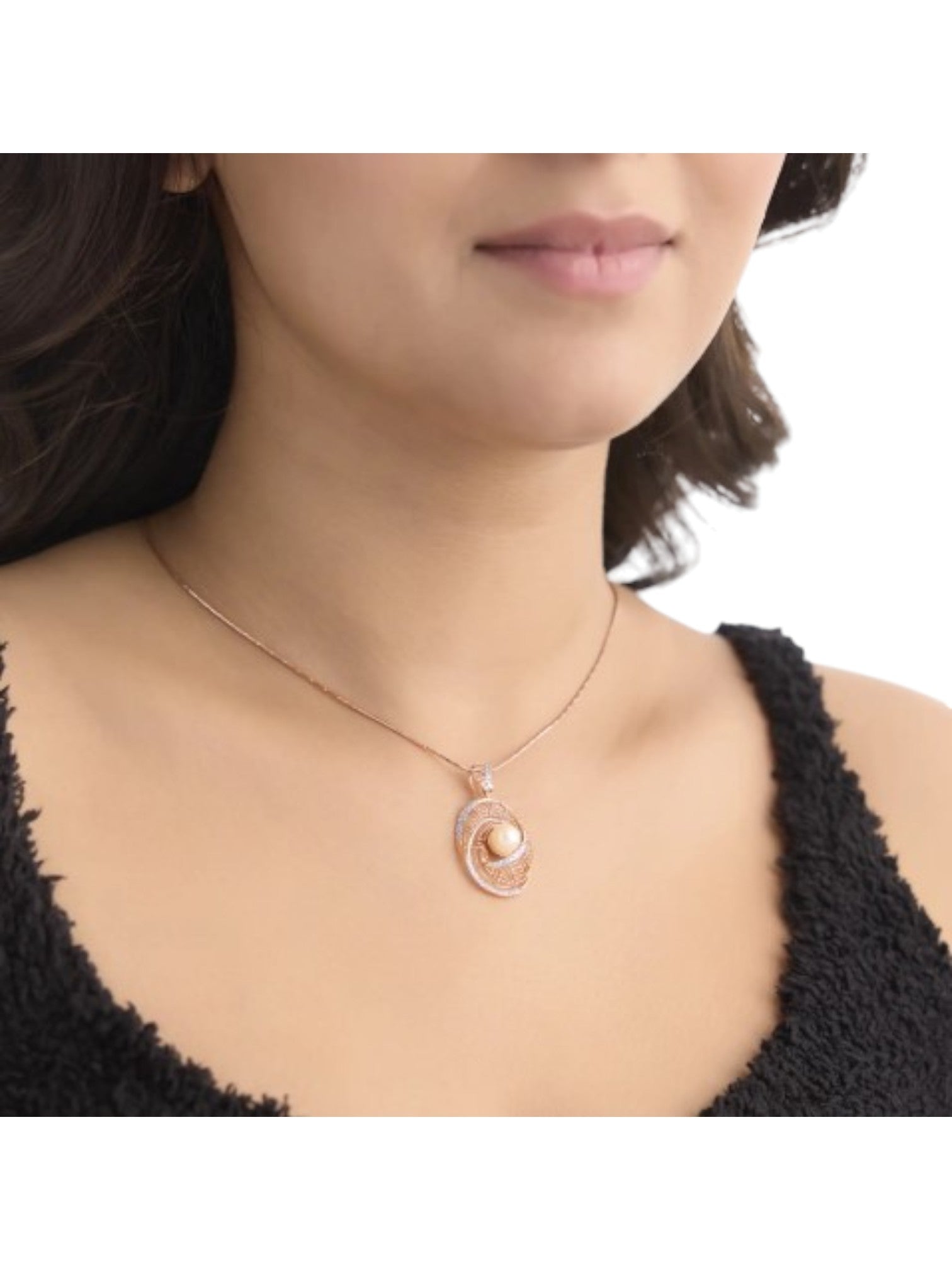 Trendy Pearl Design 925 Sterling Silver CZ Stone Rose Gold Plated Pendant With Chain For Women By Kesardeep